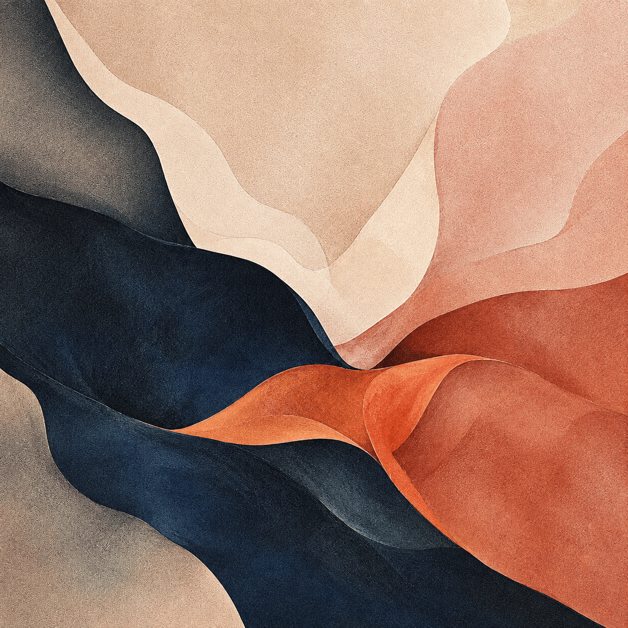 Abstract flowing forms in midnight blue, terracotta, and ivory.